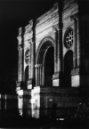 A "moved" view of St Aubin Cathedral in Toulouse, at night.